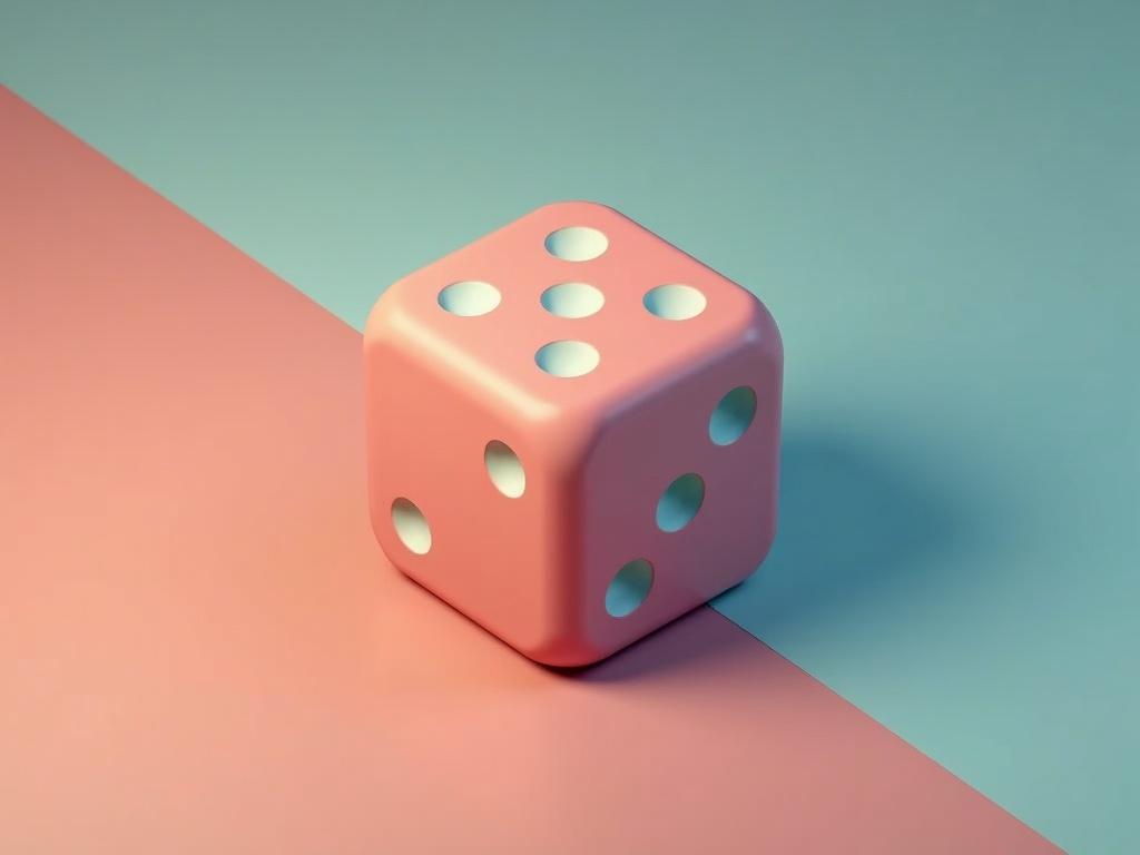 A single pink die on a solid color background. Light blue surface on one side and pink on the other. The die shows black dots in a contrasting style. Hyper-realistic and modern design.