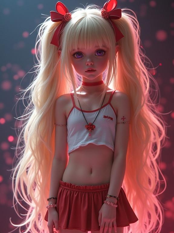 A young character with long blonde twin tails. The character wears a crop top and a tiny micro skirt. Accessories include bows in the hair. The background features vibrant colors and a soft bokeh effect. The character is posed as if performing on stage. The scene captures an energetic and youthful vibe.