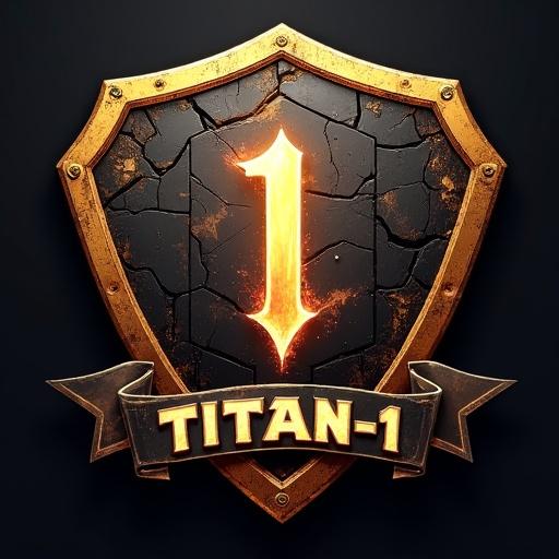 Fractured shield emblem with glowing hexagonal core. Center features blade-like '1' crackling with energy. Scorch marks and kill stripes indicate battles. Gold trim signifies top tier. Below, a banner reads 'TITAN-1' in futuristic font.