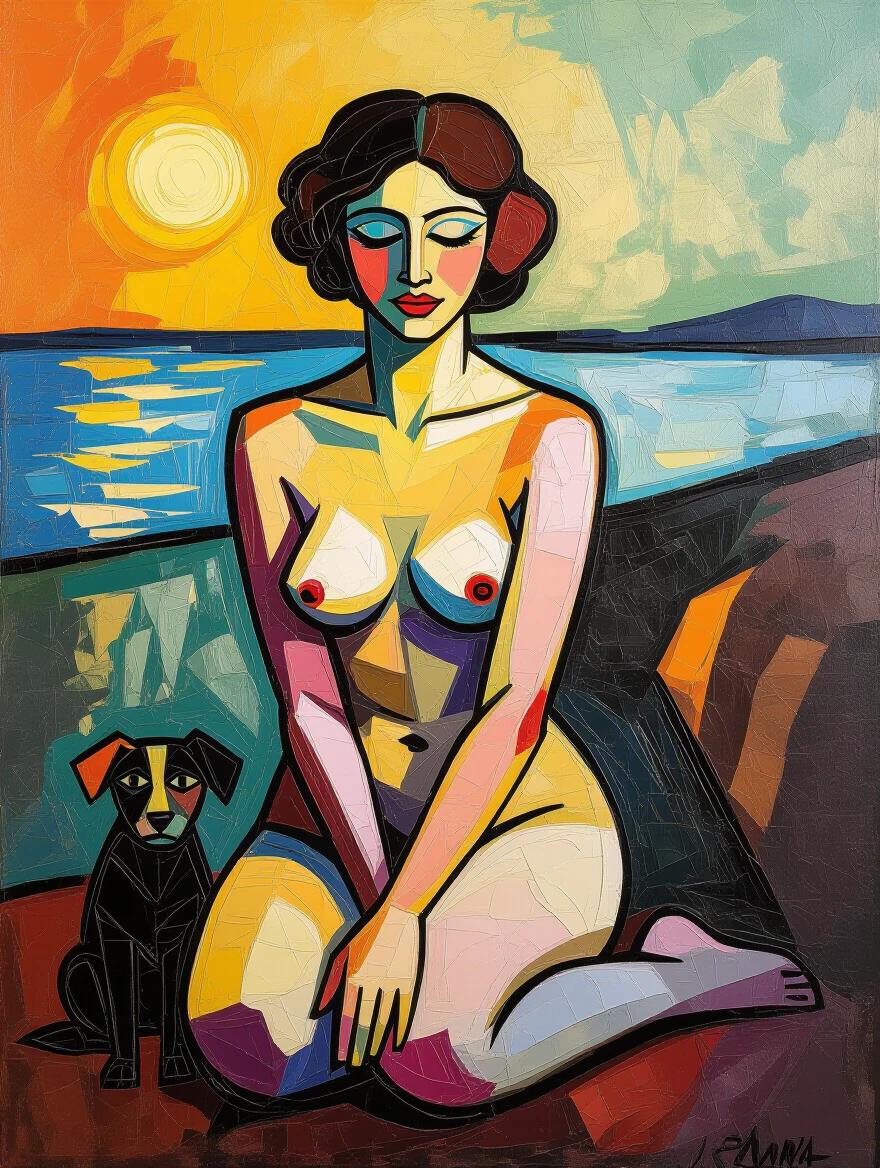 Glamorous encaustic impasto painting depicting a nude woman sitting on her knees. Front view with a dog beside her. Thick brushstrokes create three-dimensional texture. Morning setting with bright colors.