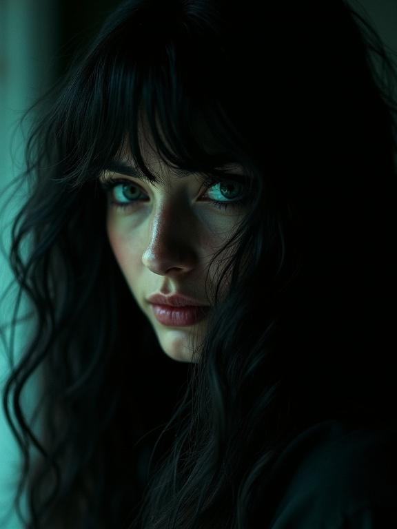 Profile portrait of an artist with long black hair and dark teal eyes. Subject smiles slightly. Background is dark with a surreal feeling. Single spotlight highlights her features and creates dramatic shadows.