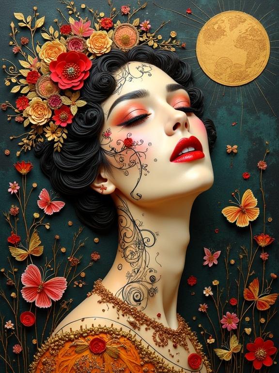 3D multi-layered encaustic mixed media artwork features a woman with intricate details. Her face showcases vibrant makeup. Floral decorations surround her in whimsical harmony. Styled after Klimt's influence with a modern twist.