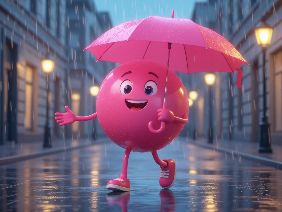 Highly detailed CGI character of a happy pink gumball holding a pink umbrella on a rainy street with a gentle arm swing