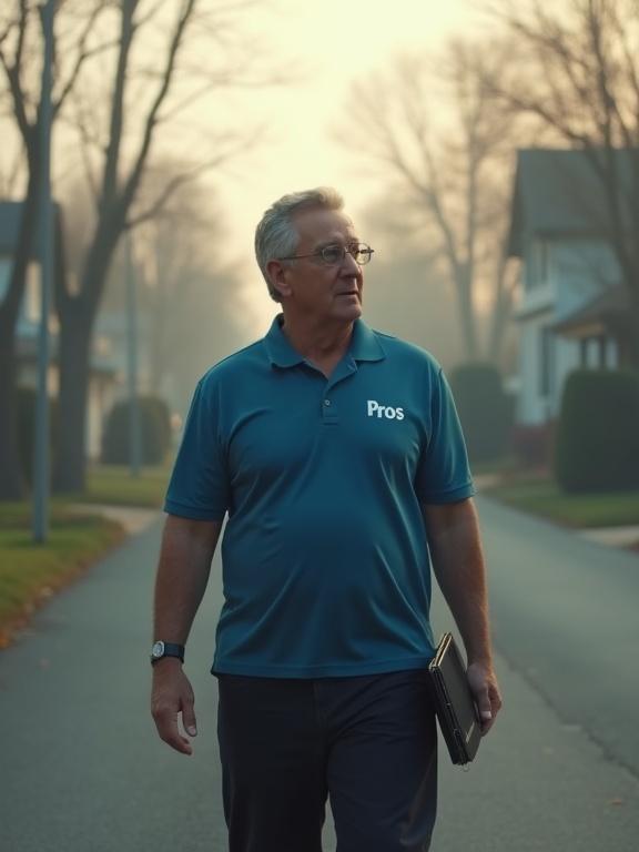 4k photo featuring a middle aged man in a polo shirt with 'PROS' on the chest. He walks down a quiet residential street, holding a tablet by his side. The background shows foggy haze creating a cinematic lighting effect. Houses are visible on either side of the road.