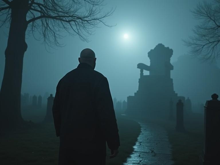 Foggy graveyard in Edinburgh at midnight. A bald man is being pulled back by fog tendrils. The scene has dramatic lighting and a distant wide shot showing a statue.