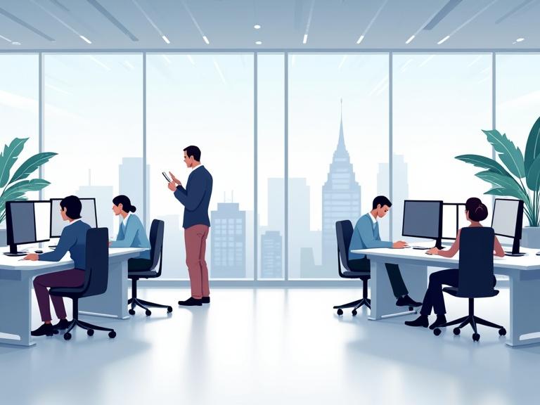 Workspace filled with people working at desks. Clean graphic style with bold lines and flat colors. Large windows showing city view. Emphasizes modern office design and digital illustration qualities.