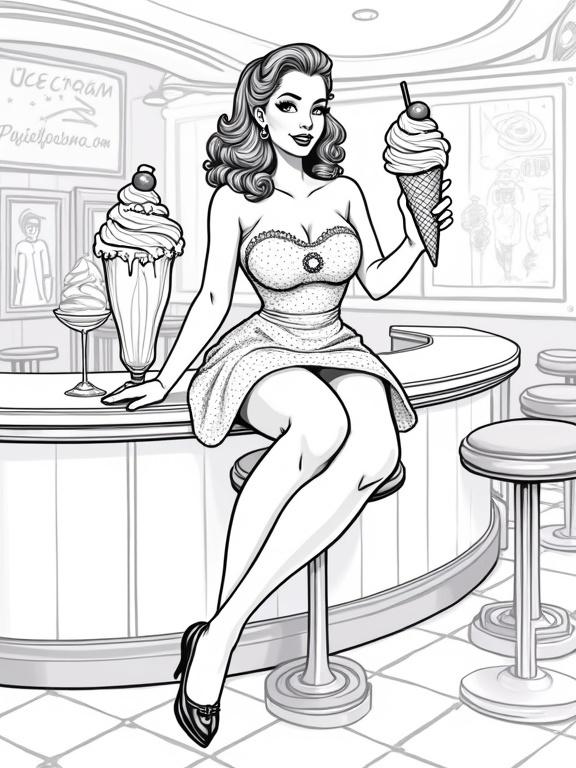 A curvy 1950s pin-up girl sitting at a retro diner counter. She enjoys an ice cream cone. The diner has checkered floors and a curved counter. The girl wears a polka-dot dress and has voluminous hair. She poses playfully, with eyes sparkling. Include accessories like hoop earrings. The scene has musical notes and stars. The image is created with bold black outlines on a clean white background.