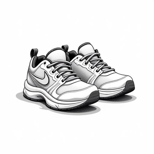 Image of a pair of cartoon sports shoes on a white floor. Simple drawing suitable for a pictogram aimed at a 7-year-old.