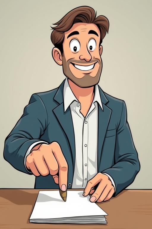 Cartoon character smiling and pointing at a piece of paper. Character is wearing a suit and sitting at a desk. Cheerful expression and engaging pose.