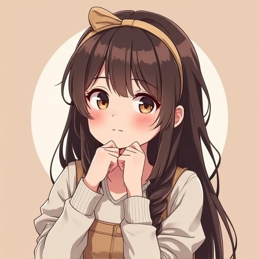 A cute anime girl with long brown hair and braid. She wears a hairband. Her expression is shy. She clasps her hands under her chin. The background is a soft cream color. Her outfit is casual and cozy.
