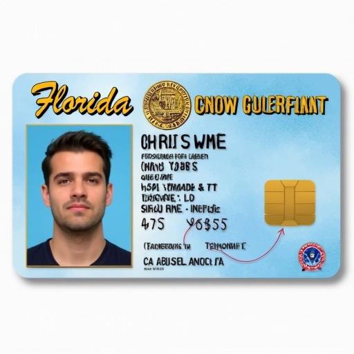 Florida driver's license with realistic features. Contains personal information like name and address. Includes a unique ID number. Features logos and symbols of the state. Color scheme consists of light blue with gold accents. Layout is organized and easy to read. Mimics the authenticity of government-issued IDs.