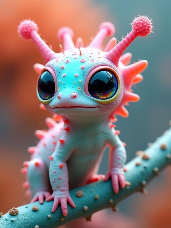 A whimsical creature that combines features of alien, chameleon, and insect. Bulbous head with large eyes. Multiple antennae tips with spiky and spongy elements. Segmented body with a soft, textured appearance. Colors include pastel blue, pink, and vivid coral. The creature is on a textured branch surrounded by warm gradient bokeh. Background evokes an underwater or alien atmosphere.