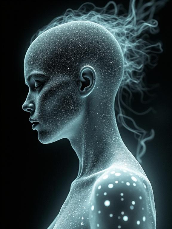 Ethereal digital ghost glowing with grungy glamour. Pixelated features shimmering in monochrome and neon hues. Translucent wisps of data swirling around. Captured in lomographic style with exquisite detail. Light plays off intricate patterns. Creates a mesmerizing effect. Invites exploration into digital afterlife.