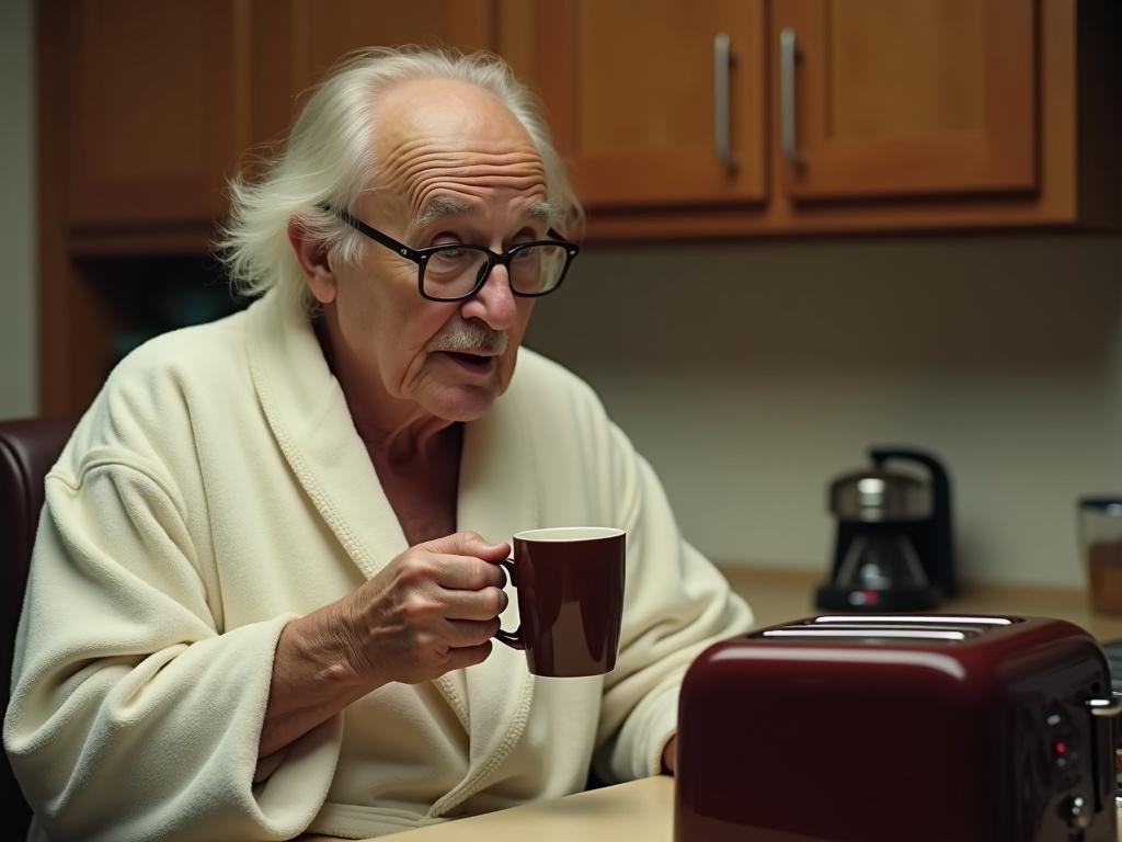 Elderly man sitting at a kitchen table. Wearing a white bathrobe. Holding a chocolate mug with both hands. Looking suspiciously at a bright red toaster. Soft lighting creating a warm atmosphere. Element of surreal comedy evident in the expression.