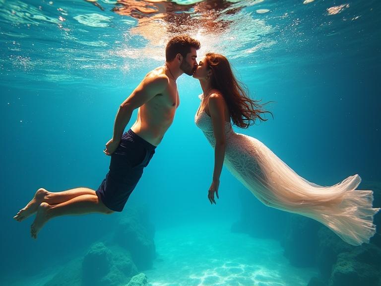 Underwater view of a loving couple kissing. Brightly colored accents highlight their connection. Focus on their embrace and the beauty of the moment.