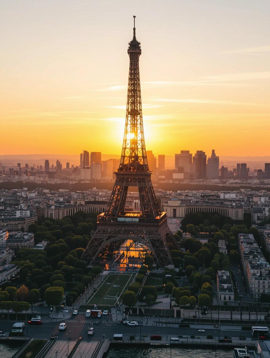 Capture Eiffel Tower during sunset at golden hour. The scene should highlight the grandeur and elegance of the tower with a backdrop of the Paris skyline. The warm light should create a magical atmosphere.