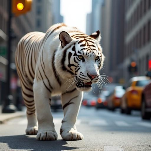 White maxi giant tiger is walking in a New York street. Background features urban buildings and traffic. The street is lively with cars and pedestrians nearby.