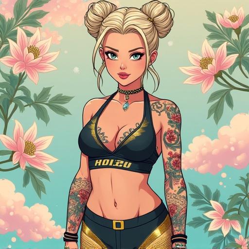 Anime style artwork featuring a muscular woman. Age stated as 59 years. Described as half Japanese and half Saiyan. Wearing Adidas athleticwear. Has emerald green eyes and oversized light blonde bun. Adorned with light pink diamond jewelry. Displaying traditional Japanese tattoos. Front cover of a luxurious women's fitness magazine. Features futuristic elements. Appears as an A-list celebrity with a cybernetic right leg.