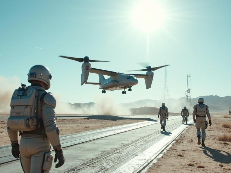 Cinematic live-action sci-fi scene with a sleek Osprey jet landing in a desert. Soldiers in light grey exosuits walk nearby. A bright sun shines against a blue sky, creating a lens flare. Dust blows across a metal-grated floor. Silver crates add to the futuristic setting.