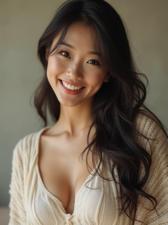 A woman wearing a casual cardigan. She has a heavy bust. Her clothing shows a subtle neckline. The background is softly blurred. The colors are warm and muted. The image quality is pixelated. It has an unpolished aesthetic with brightness and softness. The image seems taken with an older cellphone camera.