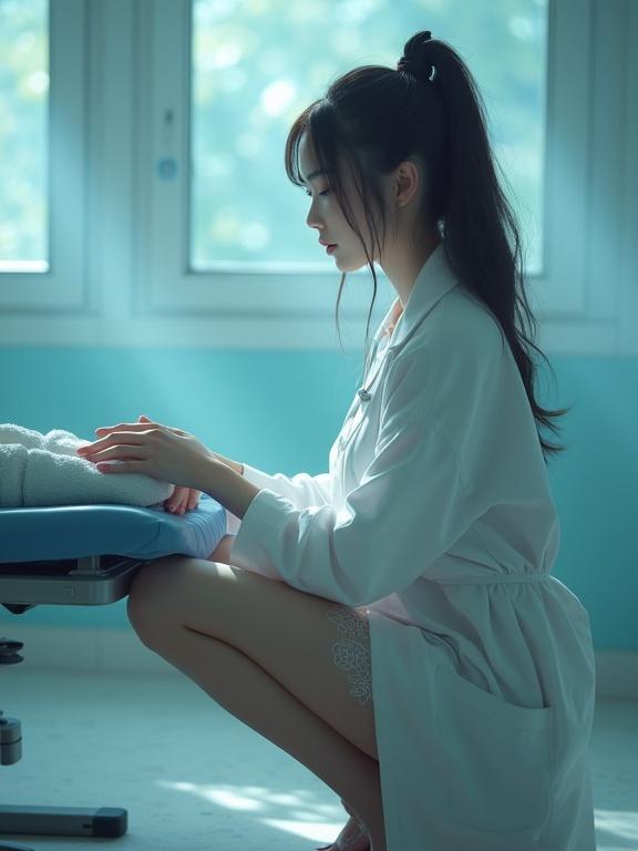 A young adult Korean woman dressed as a doctor kneels in a clinic holding a patient. Soft lighting creates a serene atmosphere. The scene features beautiful facial details and delicate clothing patterns. The overall setting is peaceful and reflective.