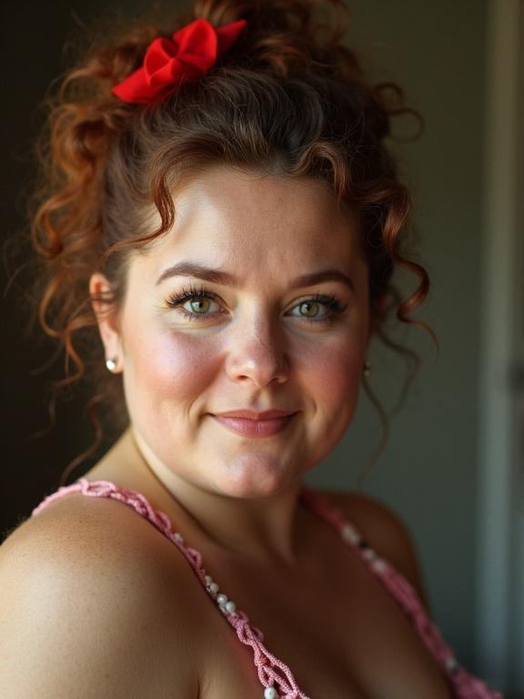 Pinup portrait of a chubby woman with curly hair wearing a red flower accessory. Closeup view from below while looking at the viewer.