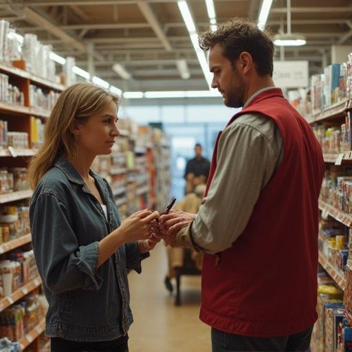 Interaction between two individuals in a store aisle. One person holds a pen and engages with the other. Products on shelves surround them creating a retail atmosphere. Warm lighting highlights the scene. The background shows a store layout with other shoppers.