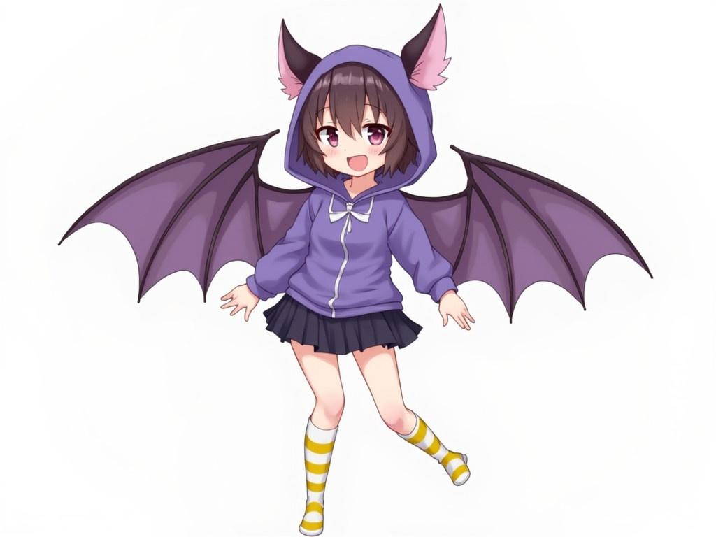 The character design features a female bat with prominent bat wings, positioned playfully. She is dressed in a high school uniform consisting of a purple hoodie and a short skirt. The hoodie has a pointy design reminiscent of bat ears, adding a whimsical touch to her look. Her outfit is complemented by knee-high striped socks in yellow and white. The character has a lively expression and is posed in a fun, dynamic way, capturing the essence of a cheerful student.