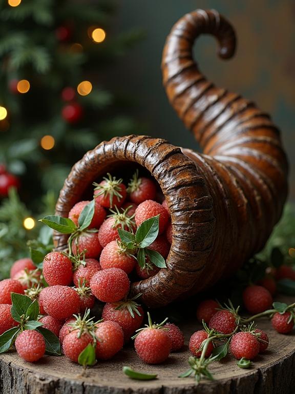 Horn-shaped cornucopia overflowing with red berries and green leaves. Festive background with soft lighting and warm colors. Elements of nature and harvest theme.