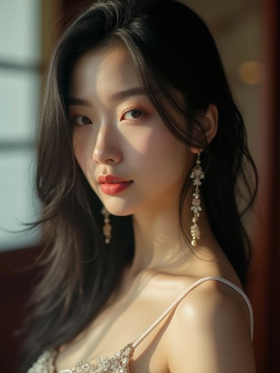 A close-up portrait of a Chinese female model with smooth black hair and a lively expression. She wears long earrings that accentuate her elegance. The lighting is soft and dramatic, highlighting her very fair skin and facial features.