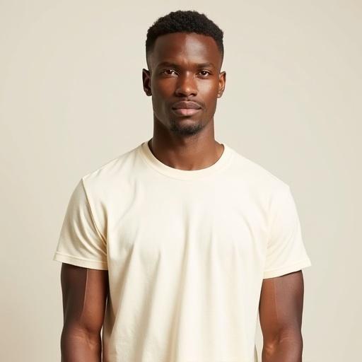 High resolution photorealistic portrait of a male with short hair wearing a plain cream-colored short-sleeve T-shirt. Full frontal view showing shoulders and upper arms. Clean-shaven face with neutral expression looking directly into the camera. Illuminated with soft, even lighting. Simple solid background with sharp details and realistic skin tones.