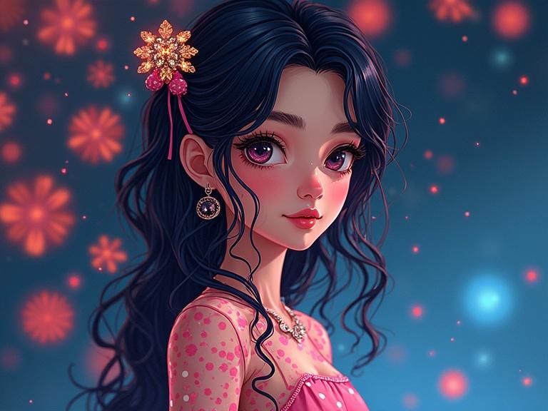 Full body young woman with flowing hair. Detailed portrait in fantasy anime style. Features bright colors. Includes decorative elements like flowers. Captivating expression with soft lighting effects.