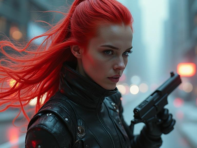 Photorealistic portrait of a female android leader in a cyberpunk setting. She has red hair and is holding a futuristic gun. The atmosphere is intense with cinematic lighting and complex visual effects. Show intricate details and metallic textures.
