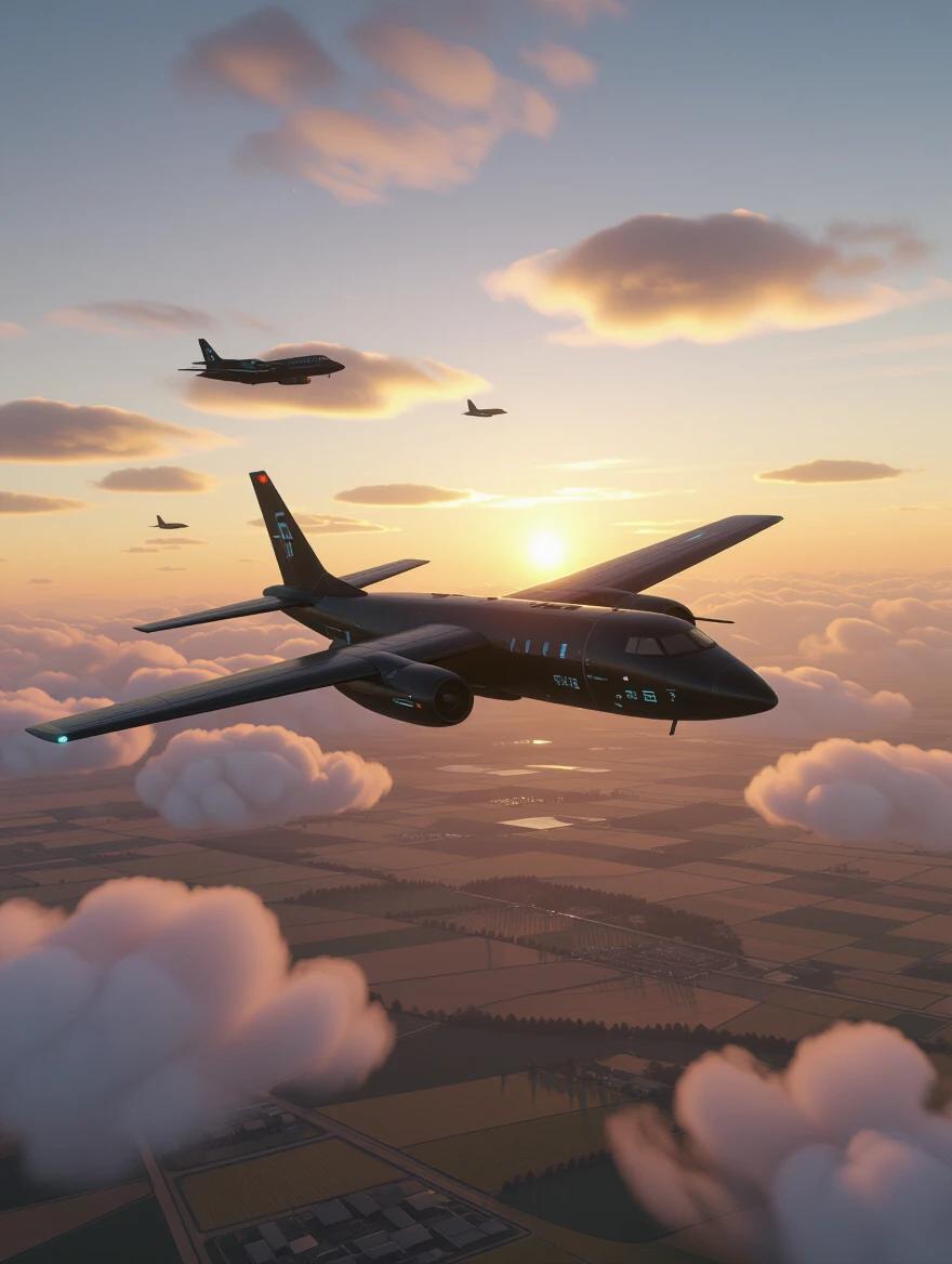 A medium-sized black plane in cyberpunk style flies over a rural area. It is high in the sky surrounded by clouds. The sun sets in the background.
