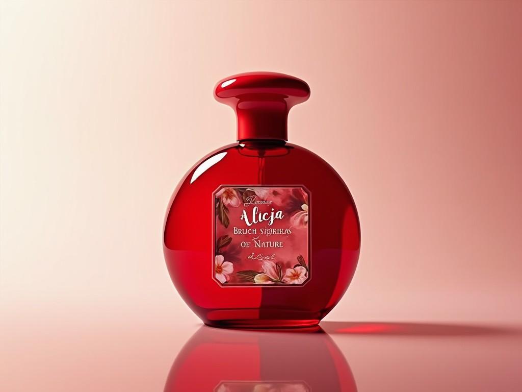 The image features an elegant red perfume bottle with a rounded body and a unique cap. The label showcases the name 'Alicja' along with decorative floral motifs. The background gradient transitions from soft pink to a lighter shade, enhancing the luxurious feel of the product. The bottle is designed to capture attention with its vibrant color. Overall, the aesthetic exudes a sense of beauty and nature. This would appeal to consumers looking for a sophisticated fragrance.