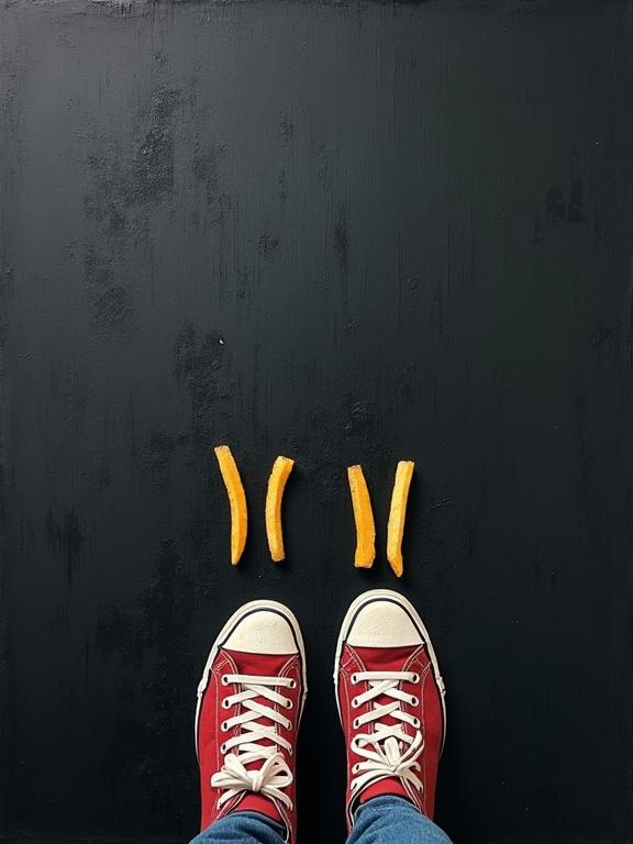 Negative space abstract painting with worn sneakers. Two French fries are below them on a dark textured ground. The style is minimalist with flat colors and visible rough brush strokes.