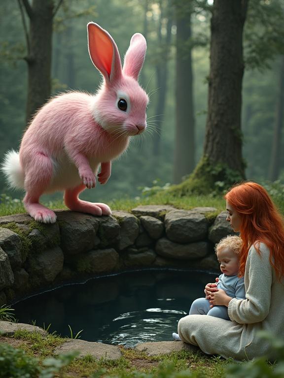 Dramatic scene with a large pink rabbit at an old stone well. The rabbit looks ready to jump into the well. A woman with red hair sits nearby, holding a sleeping baby. The atmosphere is intense and emotional. Sunlight filters through trees.