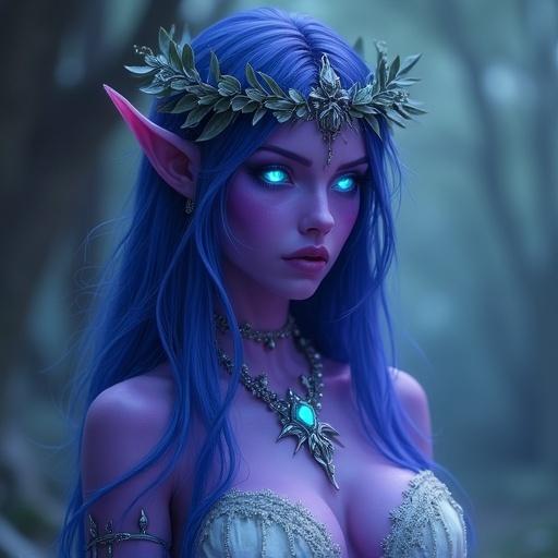 Cinematic portrayal of a busty night elf woman inspired by Starcraft. Features purple skin, glowing cyan eyes, long blue hair. Dressed in a white dress with silver ornaments and a leaf crown. Film grain effect for a dark fantasy aesthetic.