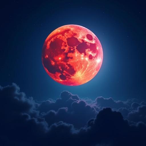 Moon in blue and red colors glowing in the night sky with clouds below.
