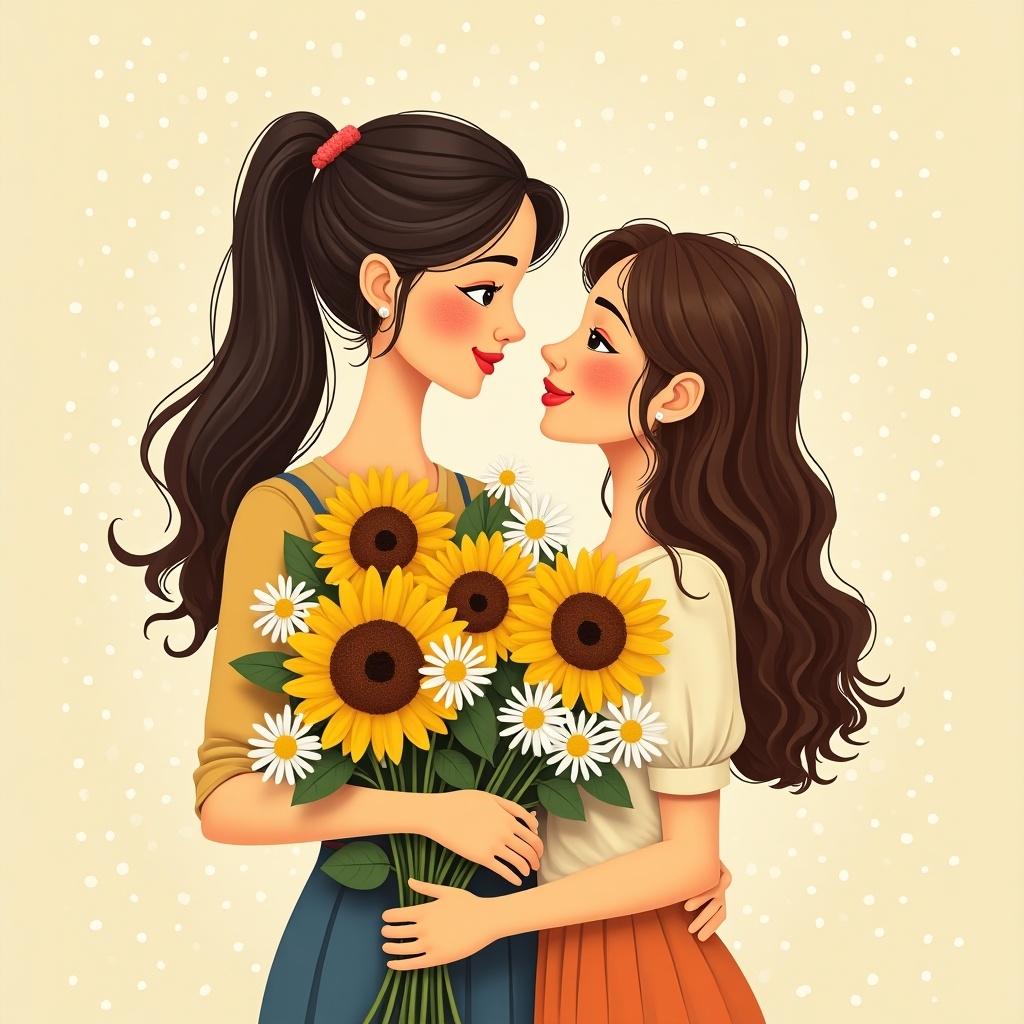 The image depicts a charming portrait of two young ladies gazing into each other’s eyes. One of the ladies is holding a vibrant bouquet filled with sunflowers and daisies. The background features a soft polka dot design that adds to the whimsical feel. Their expressions convey love and tenderness, making the scene warm and inviting. This illustration captures a moment of affection and joy shared between the two characters.