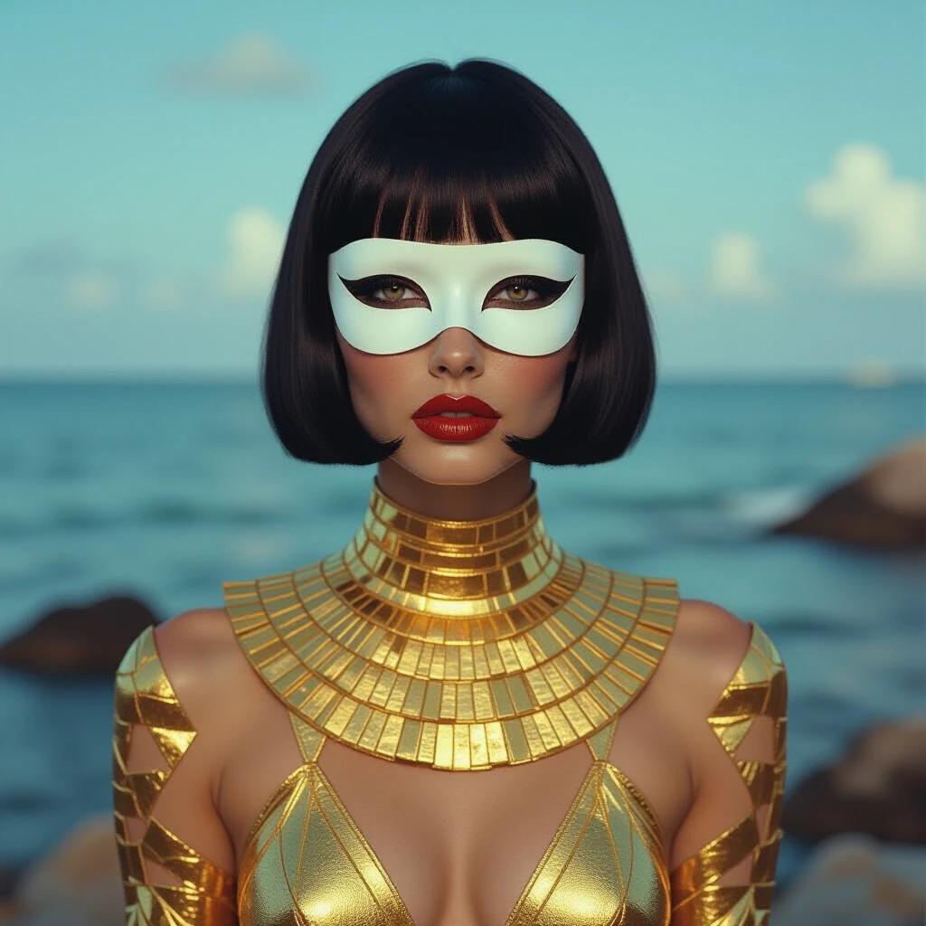 Elegant woman with black bob hair and bangs. Wearing gold leafy ancient Egyptian attire. White eye mask in front of ocean on rocks. Metallic geometric patterns on arms. Surrealistic retro photography style with dark pastel tones.