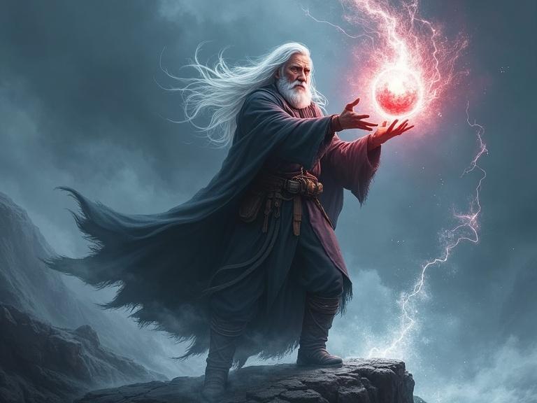 Image of a powerful wizard with long white hair casting a spell. He stands on a rocky cliff wearing a dark cloak. A red glowing crystal hovers between his hands. Strong energy flows from the crystal, with a stormy background. Dramatic lighting enhances the magical scene.