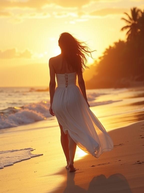 A beautiful woman in a flowing white dress walks barefoot along a tropical beach at sunset. The sky is golden with soft breeze in her hair.