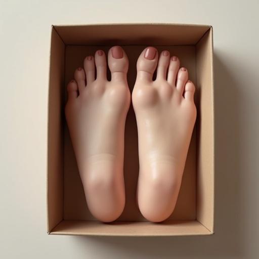 A pair of realistic female feet placed inside a neatly arranged box. The feet are detailed with a natural skin tone and manicured nails.