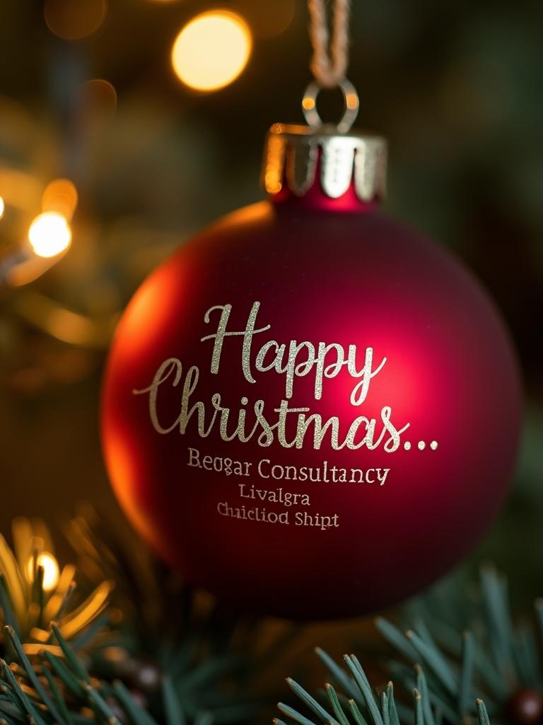 Close-up view of a decorative red Christmas bauble. The ornament features the text 'Happy Christmas...' surrounded by names. It hangs among twinkling lights on a green pine tree. This image evokes a festive spirit and is perfect for holiday-themed projects.