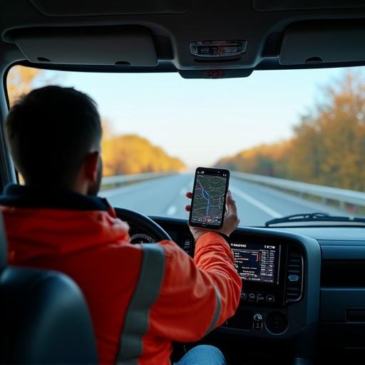 Image taken from inside a truck. The driver is wearing a safety jacket. A navigation app is displayed on a smartphone. The truck is on a road with optimized routing visible.