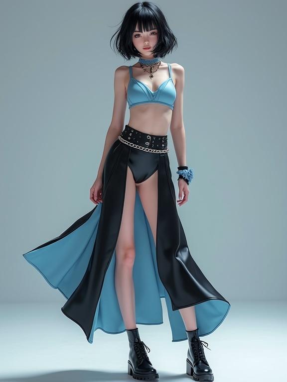 Full body character illustration in anime style. Character stands confidently. Short black hair styled elegantly. Wears a light blue cut-out bodice top. Elegant black latex asymmetrical skirt. Complete with a chain belt. Poses dynamically showcasing outfit details. Captivating cinematic lighting enhances visual appeal.