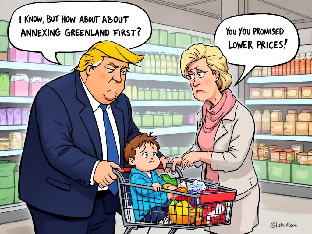 Cartoon scene in a supermarket. A child in a shopping cart with groceries. A mother looking unimpressed. Speech bubble from mother about promised lower prices. Donald Trump with exaggerated features leaning in. His speech bubble mentions annexing Greenland. Shopping cart in a grocery store with colorful shelves in the background.