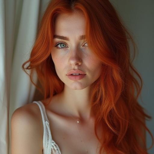 Close-up portrait of a woman with long blonde hair and green eyes. She has fair skin and a soft expression. The lighting is natural and highlights her features. The background is neutral.