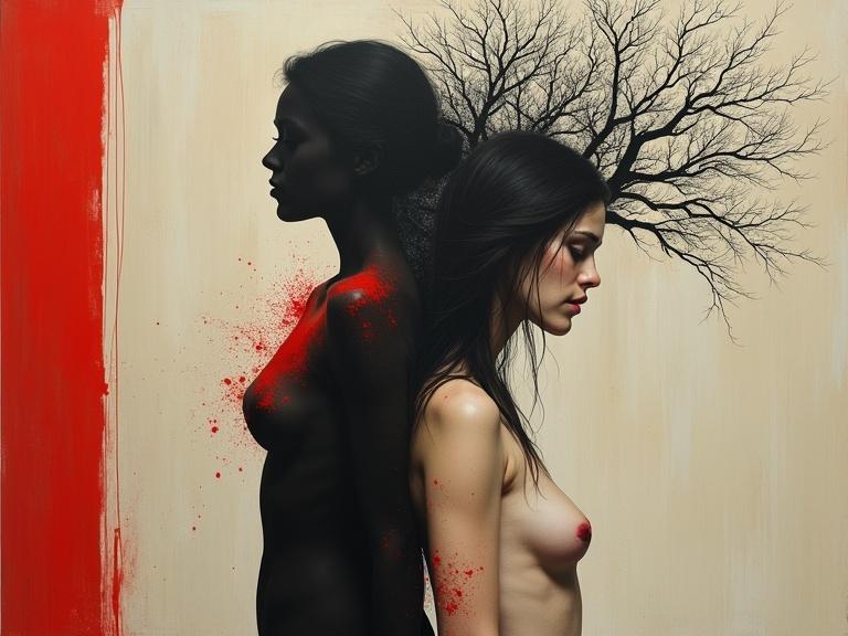Surreal artwork features two female figures. Upper section shows a black silhouette of a nude woman in profile. Red splatters on the silhouette suggest violence. Lower section presents a close-up of a woman's serene face and torso. Long dark hair partially covers her face. She appears melancholic. A prominent leafless tree connects both sections symbolizing duality. Limited color palette of black, white, beige, and red. The mood is somber and emotionally charged.